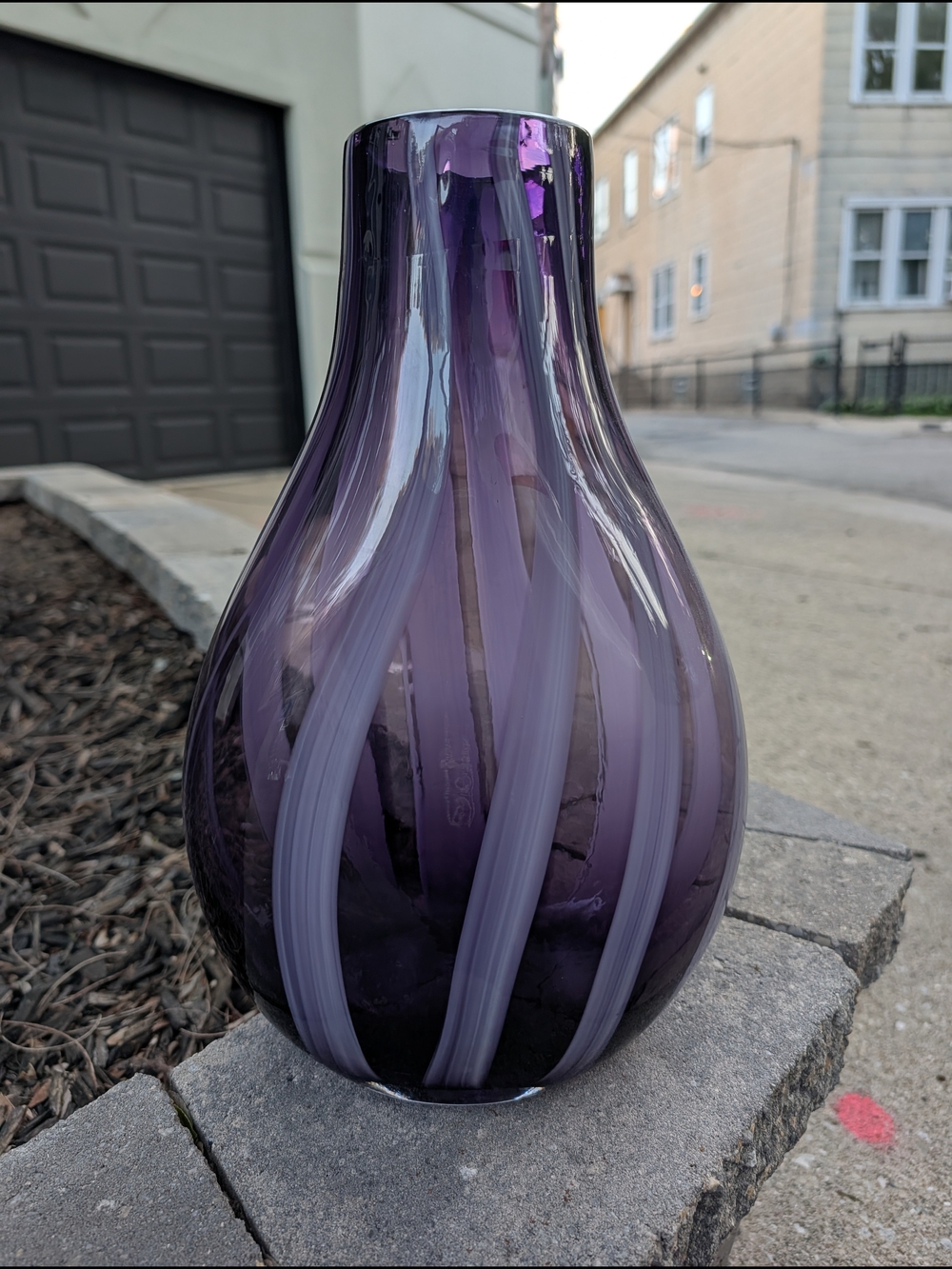 Handblown Purple Glass Vase with White Swirl